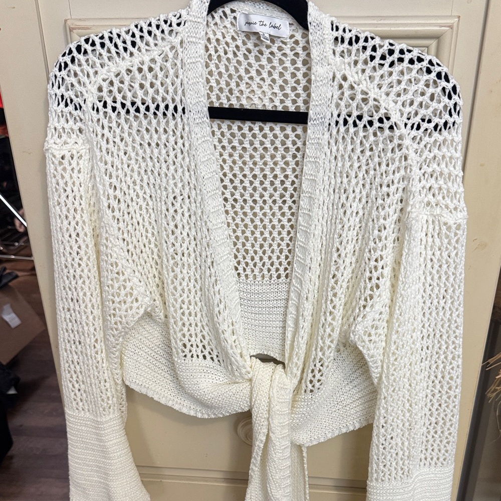 Jacqui E Open-Knit Cream Tie-Front Cardigan